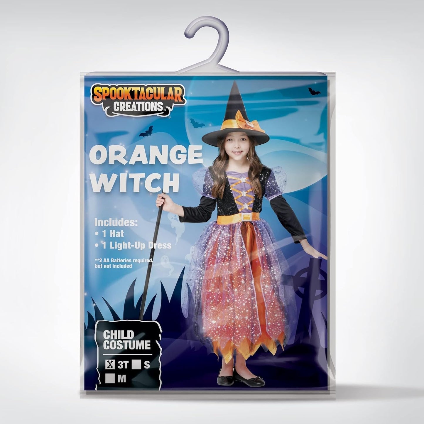 Witch Costume Kids, Light up Halloween Costumes Witch Dress with Hat and Broom for Girls, Sweet Wizard Set for Toddler Scary Halloween Themed Parties, Orange, L
