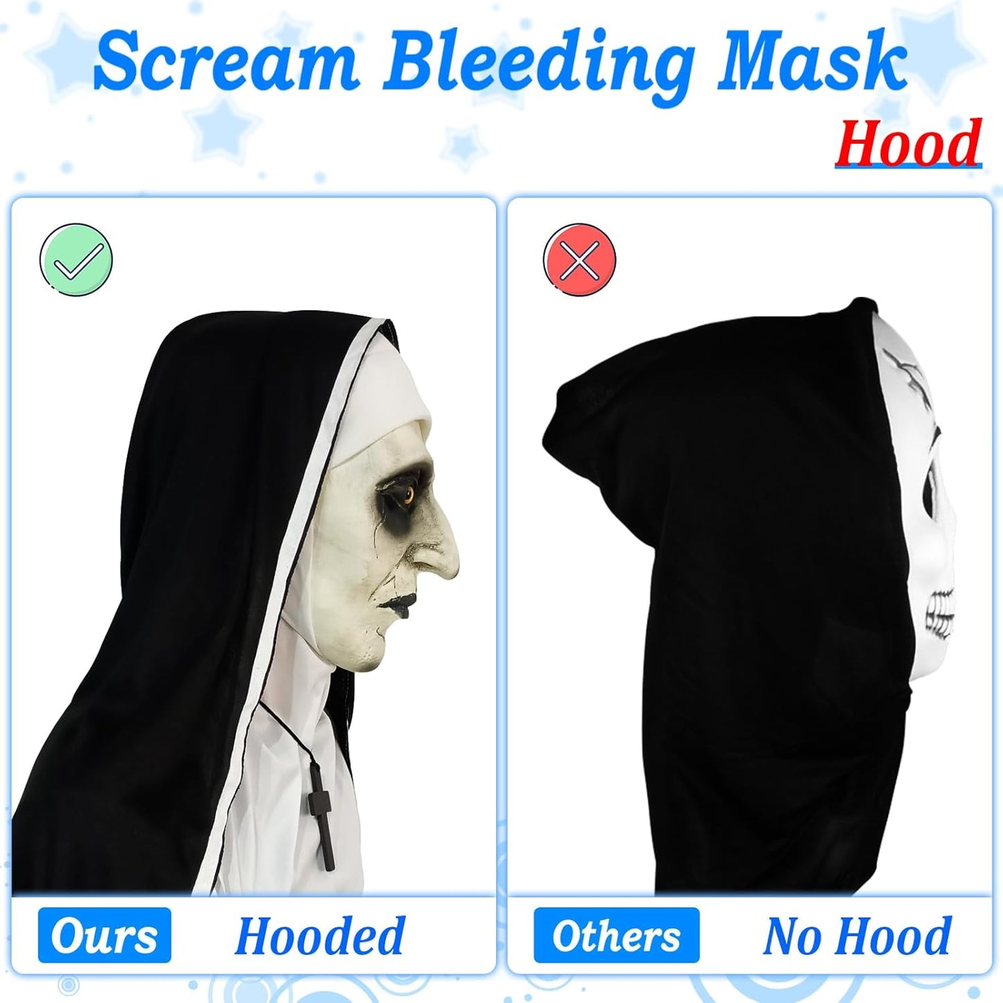 2024 Nun Scary Mask,Halloween Party Scary Full Head Costume Mask with Cross Necklace