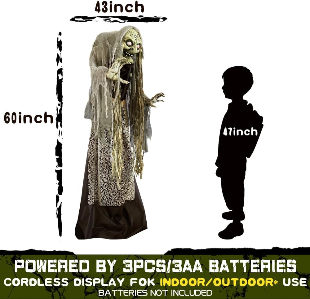 60'' Halloween Animatronics Standing Witch Talking Halloween Decorations Outdoor- Sound Activated with Creepy Motion, Light up Eyes, Haunted House Scary Horror Prop, Yard Lawn Decor