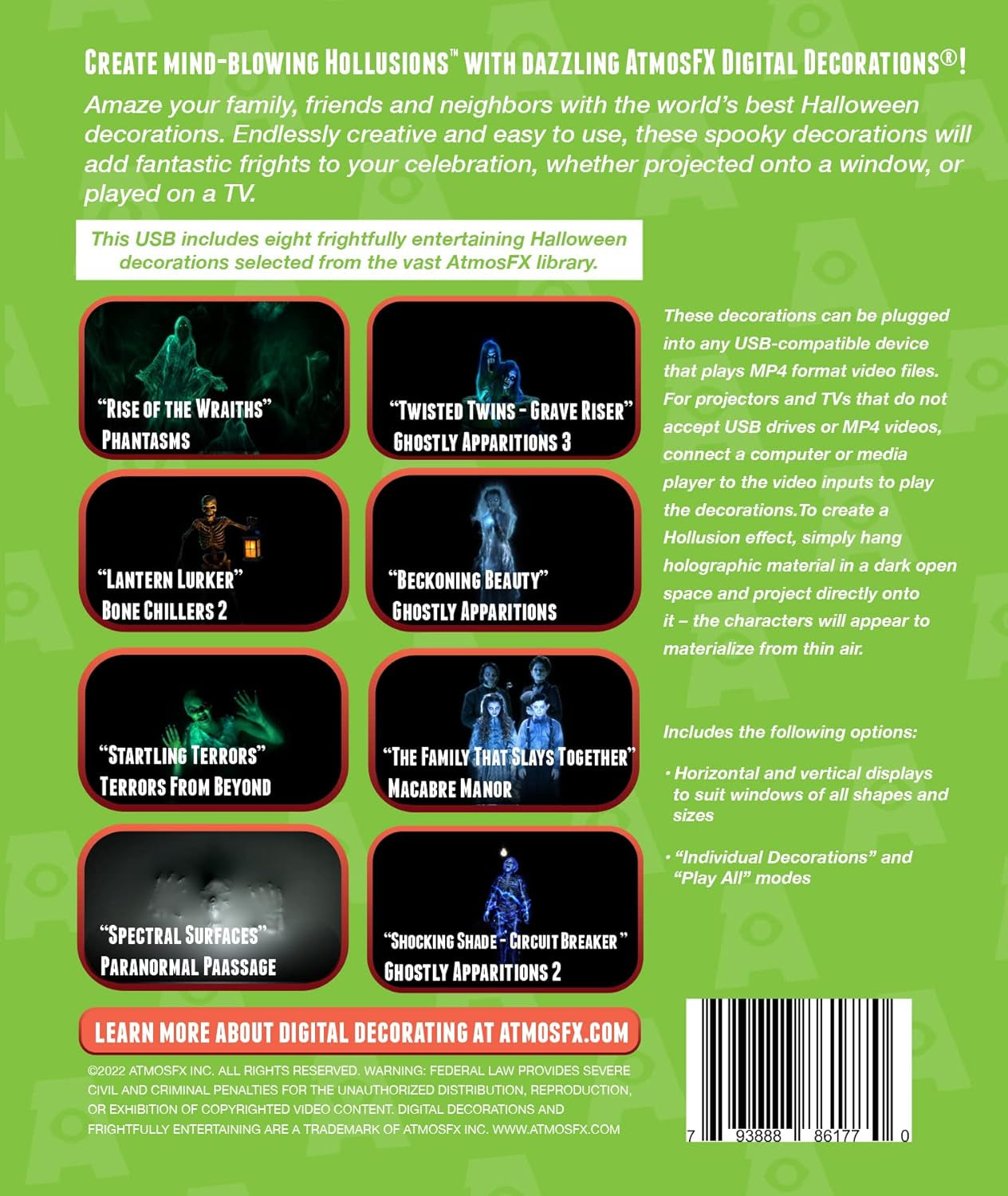 Reaper Brothers Spooky Halloween Hollusion Digital Decoration Kit Includes 8 Atmosfx Video Effects for Halloween plus HD Super Bright Projector and 5.5' X 9' Holographic Projection Screen