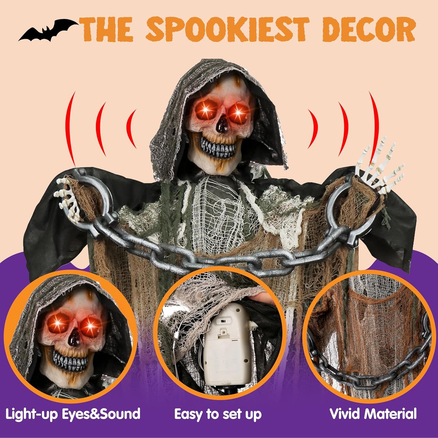 67" Halloween Decorations Outdoor Life Size Animatronics Grim Reaper with Chain, Sound-Actived Party Decor with Creepy Sound, Scary Haunted House Props for Garden Yard Lawn