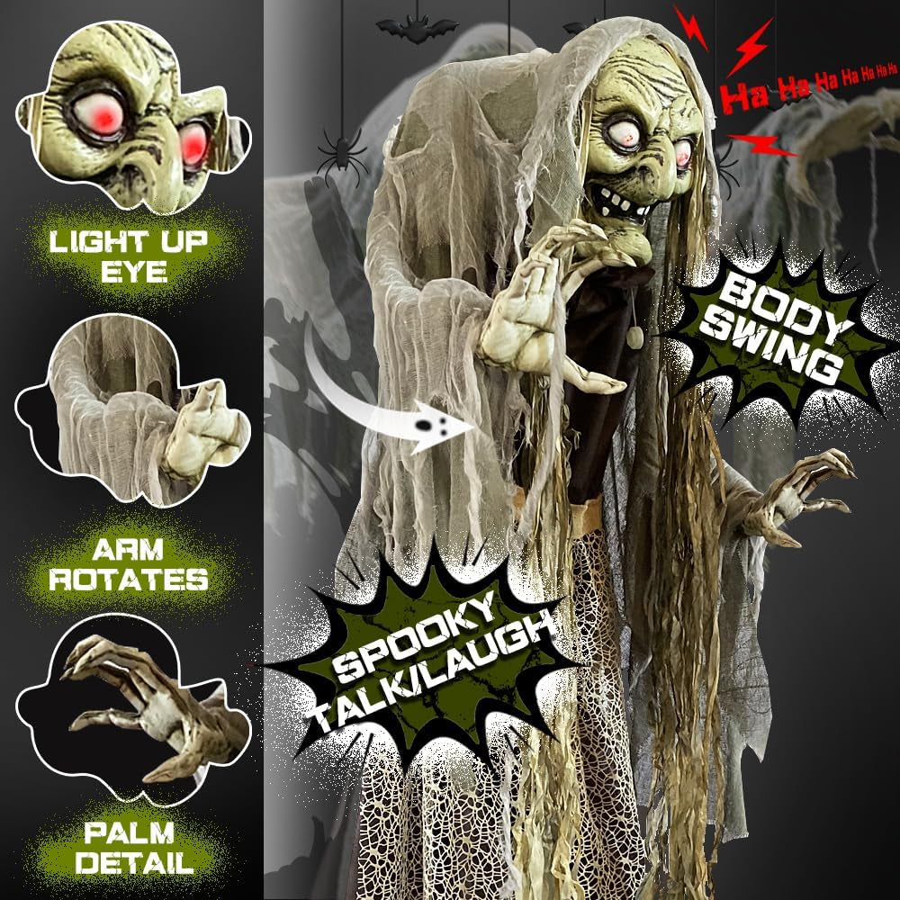60'' Halloween Animatronics Standing Witch Talking Halloween Decorations Outdoor- Sound Activated with Creepy Motion, Light up Eyes, Haunted House Scary Horror Prop, Yard Lawn Decor