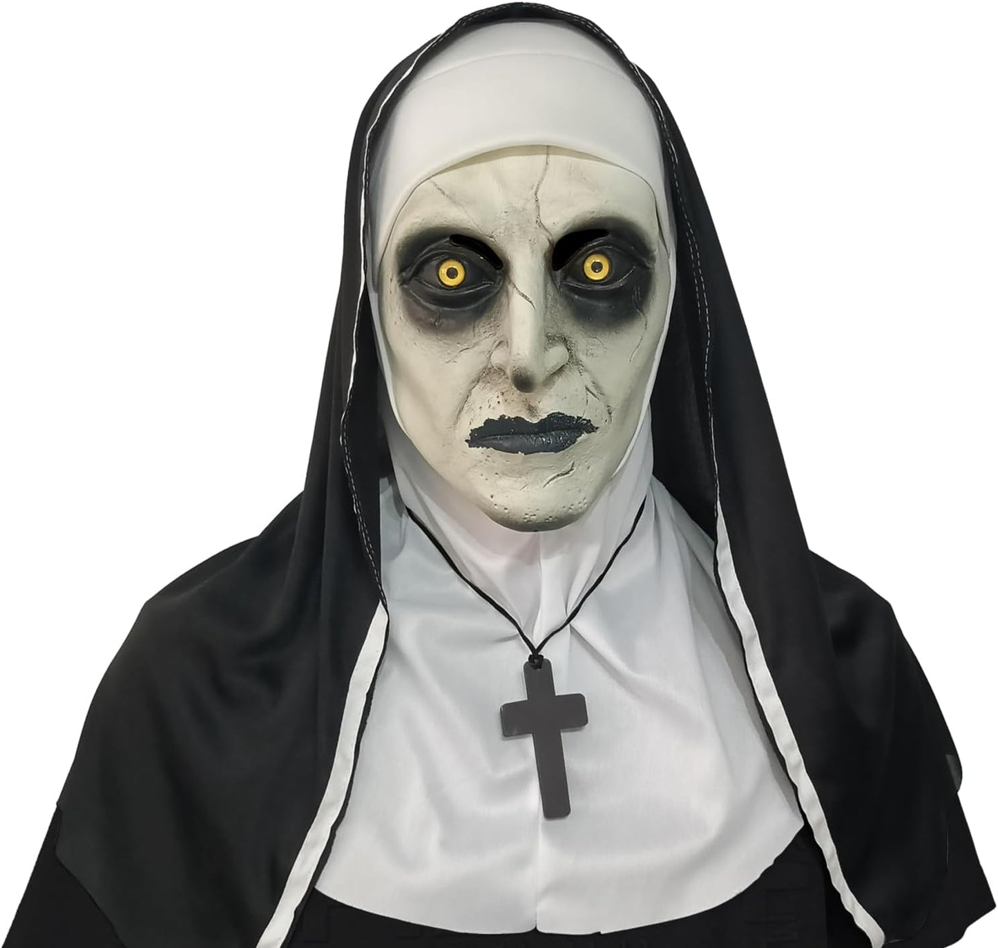 2024 Nun Scary Mask,Halloween Party Scary Full Head Costume Mask with Cross Necklace