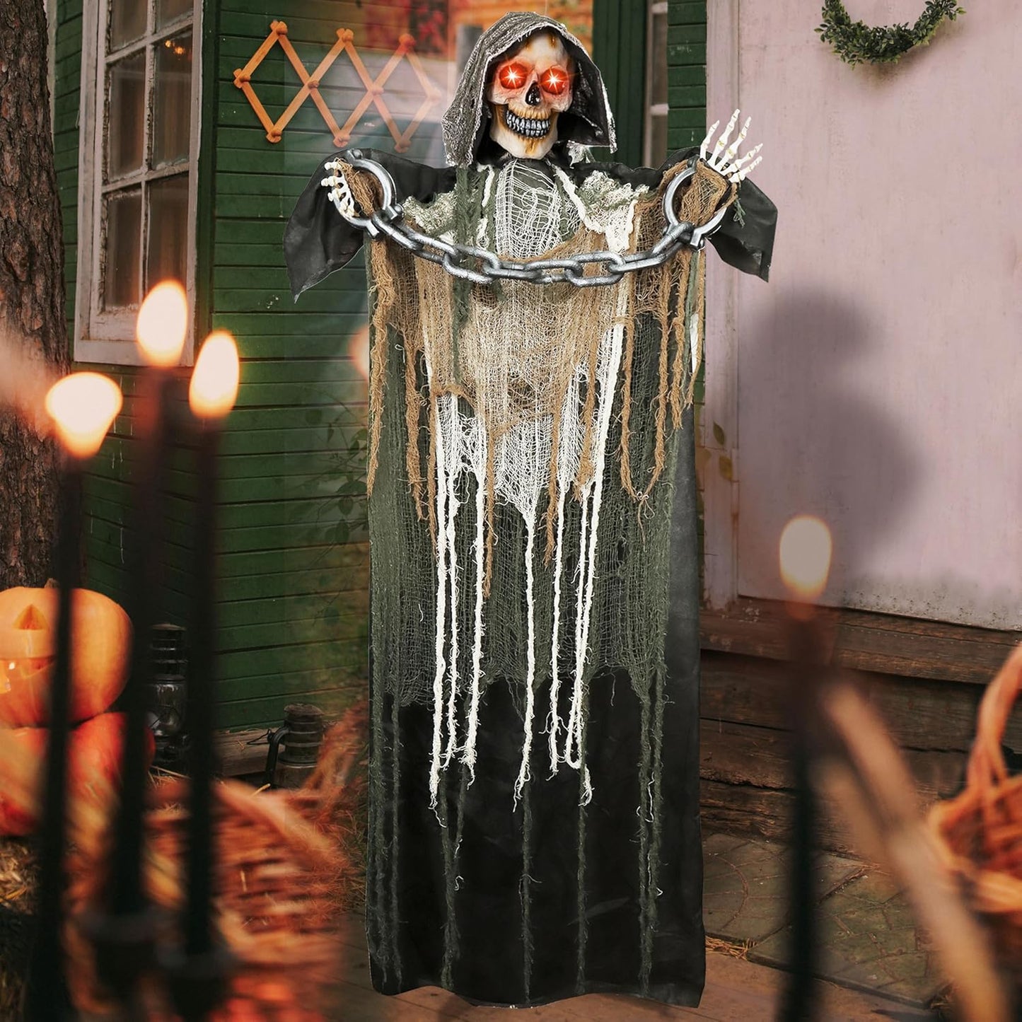 67" Halloween Decorations Outdoor Life Size Animatronics Grim Reaper with Chain, Sound-Actived Party Decor with Creepy Sound, Scary Haunted House Props for Garden Yard Lawn