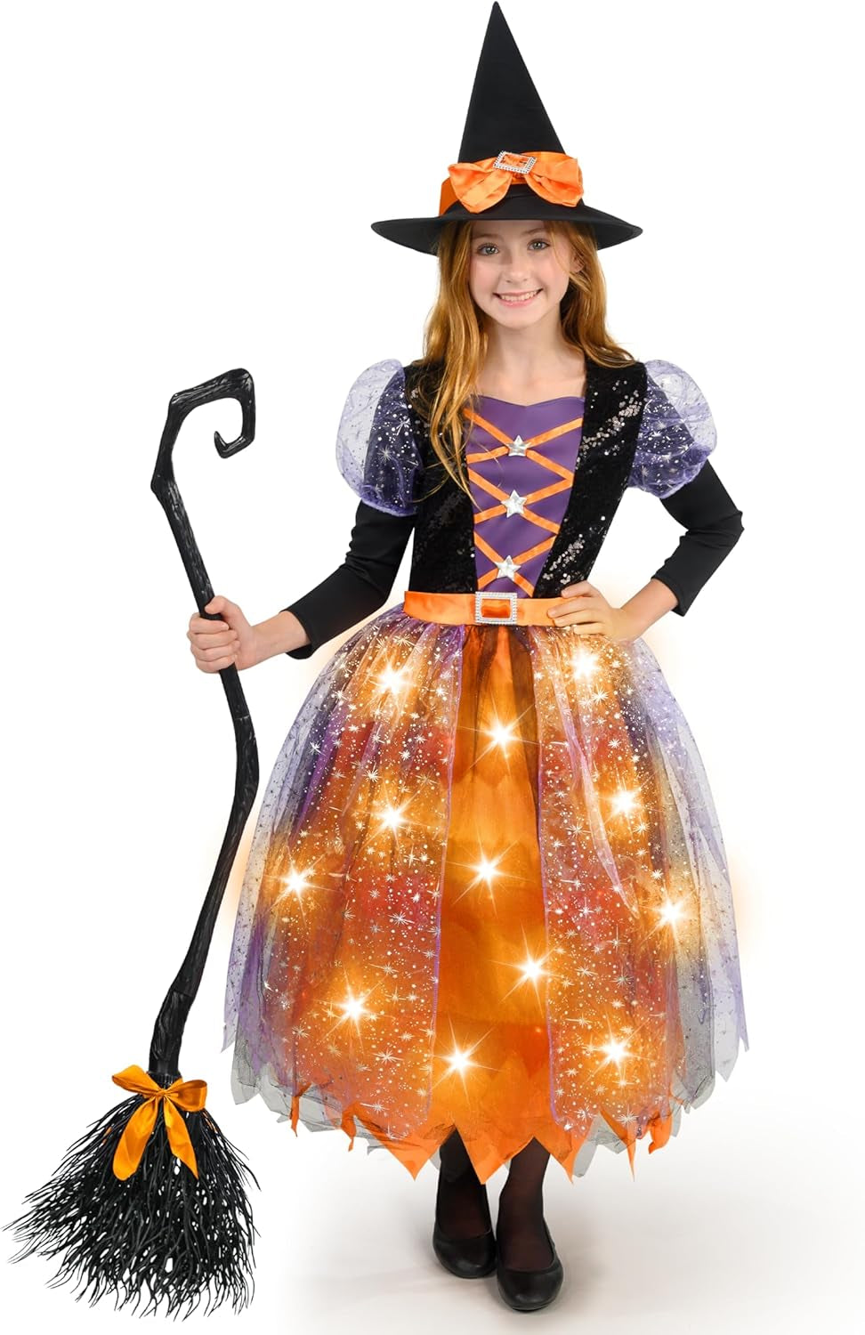 Witch Costume Kids, Light up Halloween Costumes Witch Dress with Hat and Broom for Girls, Sweet Wizard Set for Toddler Scary Halloween Themed Parties, Orange, L