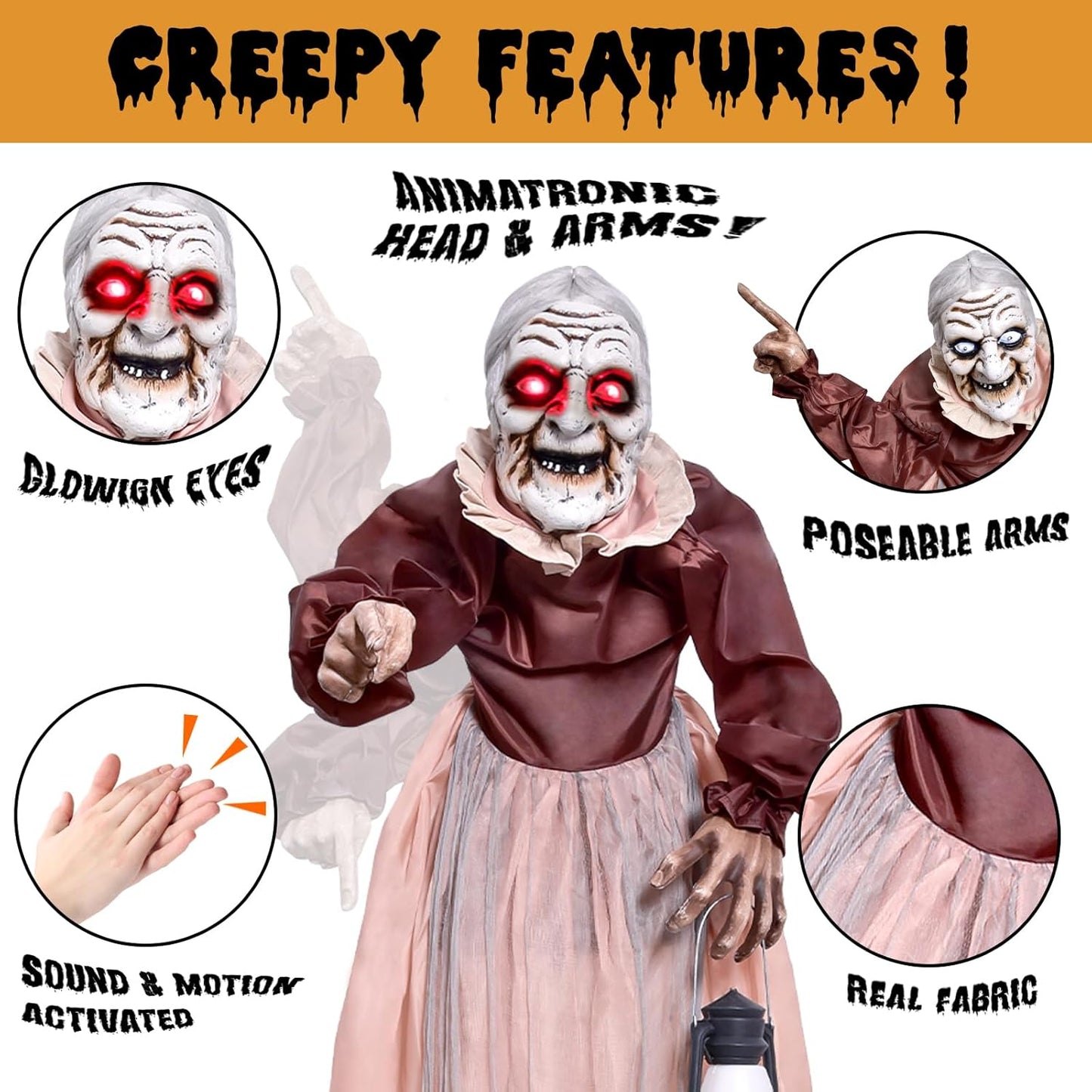 5FT Halloween Animatronics Life Size Witch Scary Prop, Motion Activated Outdoor Decoration, with Creepy Light up Eyes and Moving Arms, for Haunted House Party Lawn Patio Yard Decor