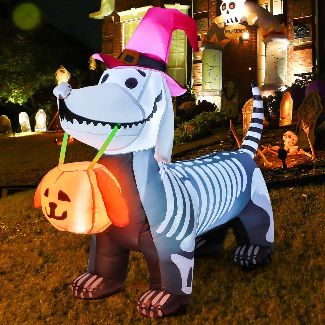 5.5 FT Halloween Inflatables Outdoor Decorations Skeleton Puppy Inflatable Yard Decoration with Build-In Leds Blow up Pumpkin for Halloween Party Indoor Outdoor Yard Garden