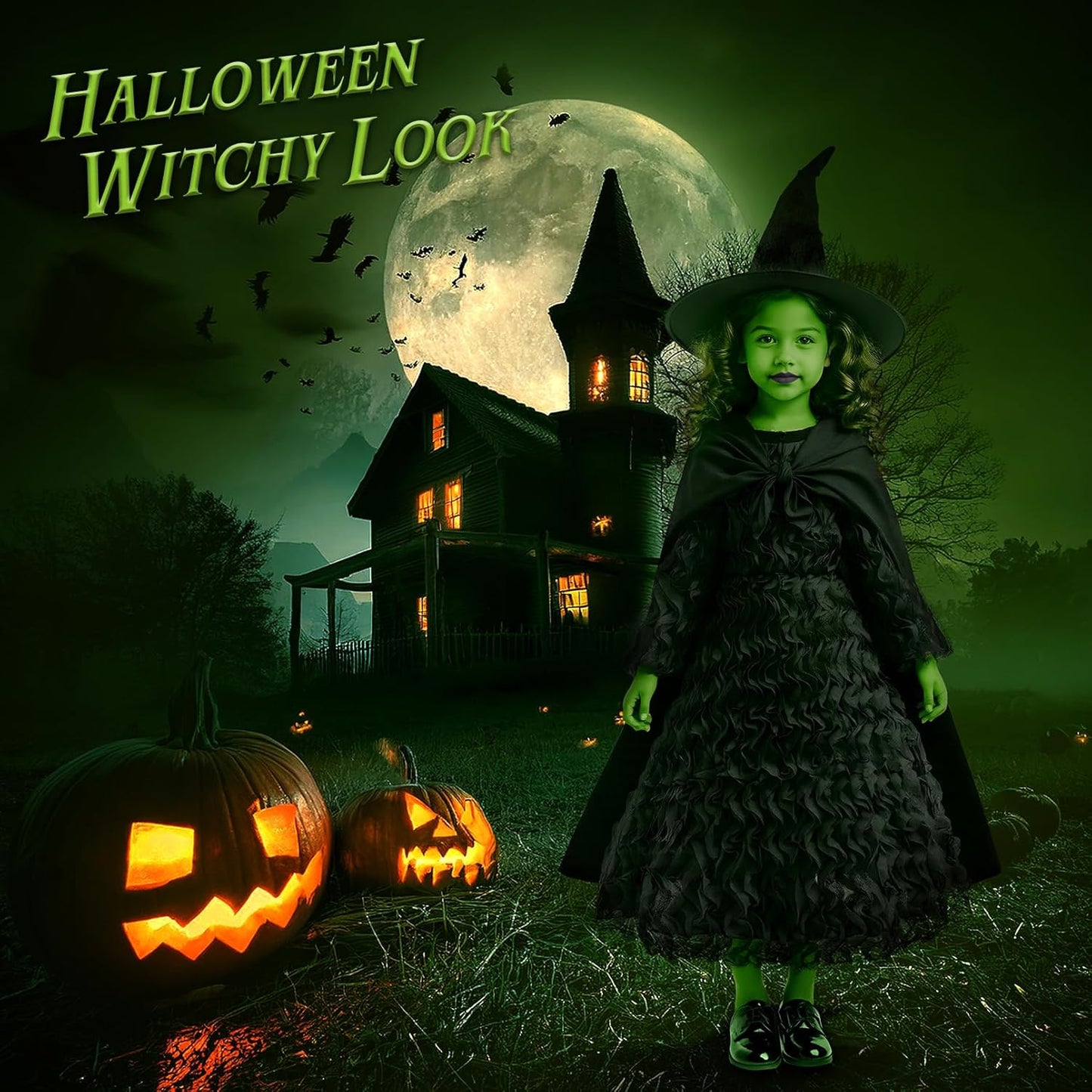 Witch Costume for Girls - Halloween Costume for Kids, Black Ruffled Witch Dress with Witch Hat, Cape, Glasses Cosplay Outfit
