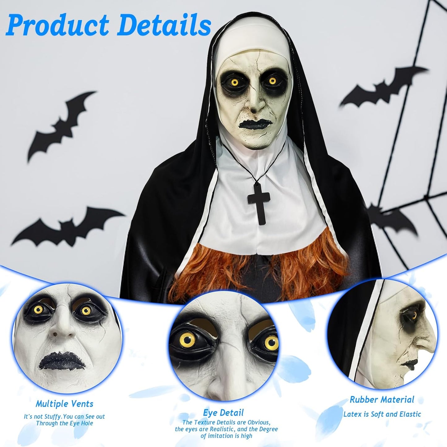 2024 Nun Scary Mask,Halloween Party Scary Full Head Costume Mask with Cross Necklace