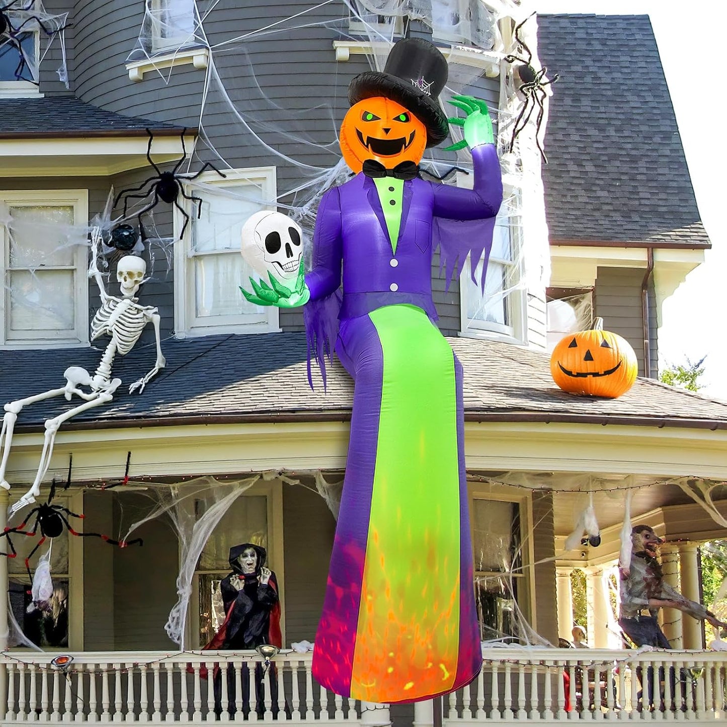 10FT Giant Halloween Inflatables, Scary Sitting Inflatable Pumpkin Decorations Outdoor with Flame Light, Halloween Blow up Yard Decorations for Roof Balcony Lawn Garden Yard Decor