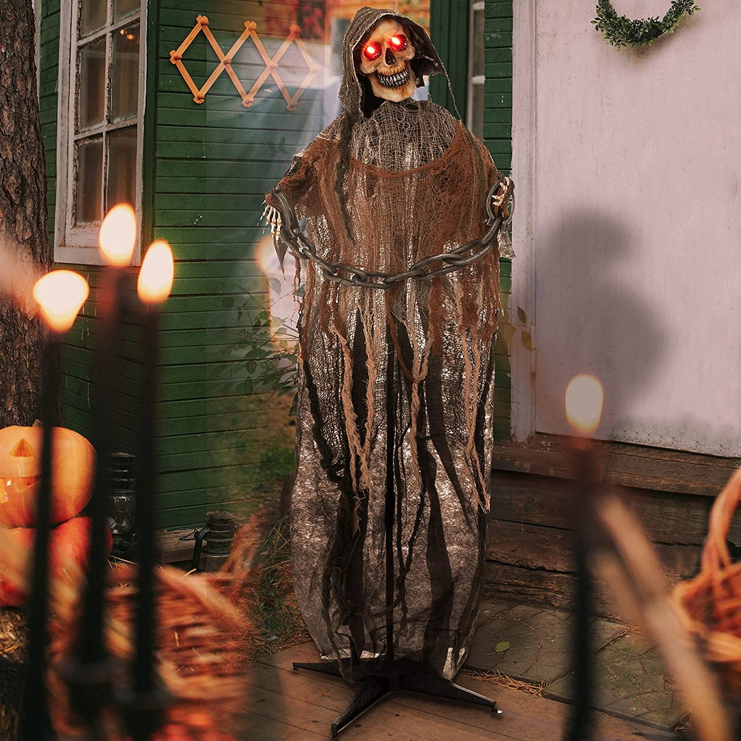 67" Halloween Decorations Outdoor Life Size Animatronics Grim Reaper with Chain, Sound-Actived Party Decor with Creepy Sound, Scary Haunted House Props for Garden Yard Lawn