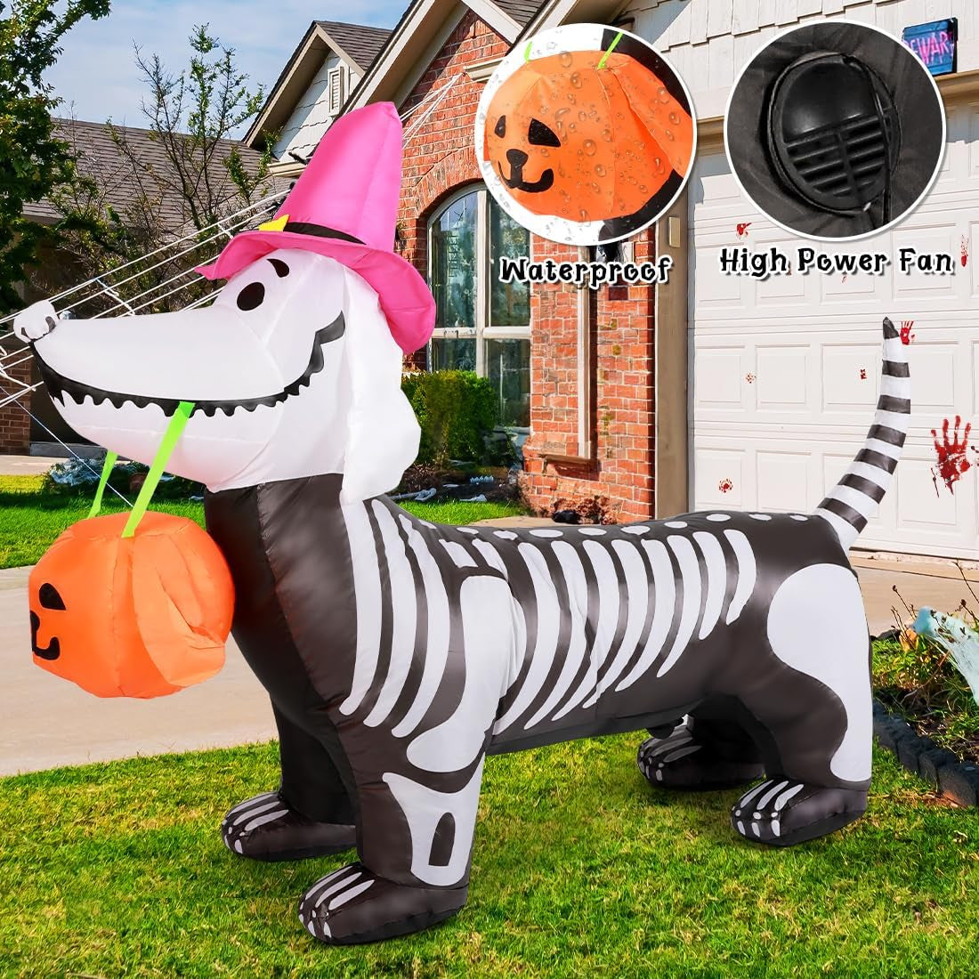 5.5 FT Halloween Inflatables Outdoor Decorations Skeleton Puppy Inflatable Yard Decoration with Build-In Leds Blow up Pumpkin for Halloween Party Indoor Outdoor Yard Garden