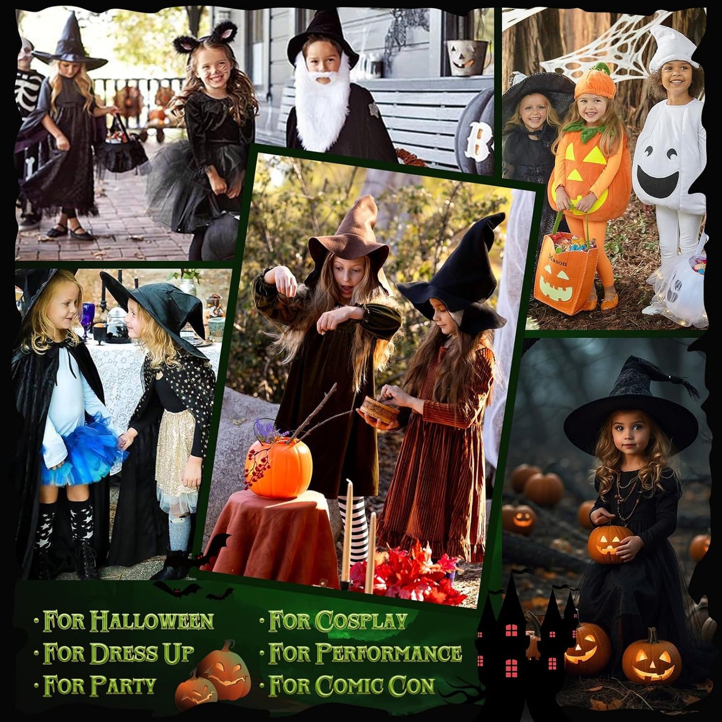 Witch Costume for Girls - Halloween Costume for Kids, Black Ruffled Witch Dress with Witch Hat, Cape, Glasses Cosplay Outfit