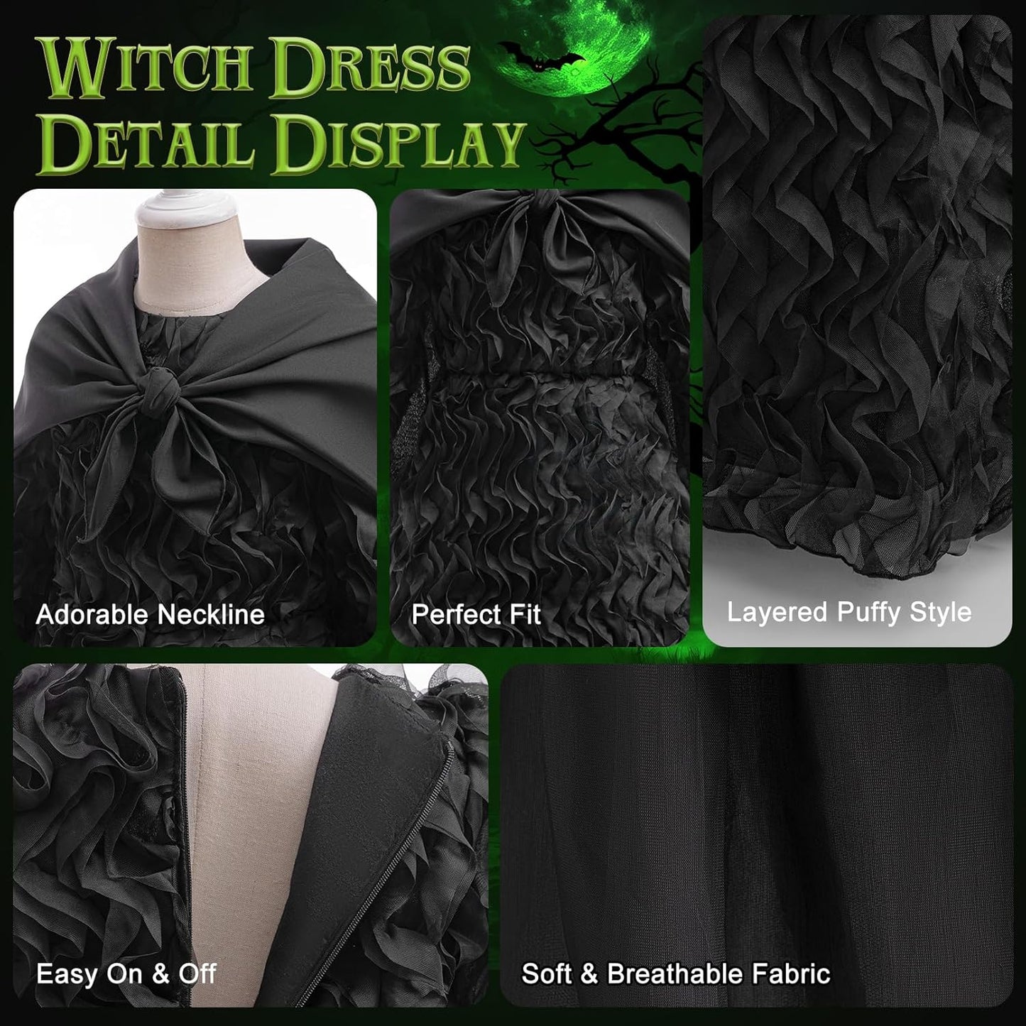 Witch Costume for Girls - Halloween Costume for Kids, Black Ruffled Witch Dress with Witch Hat, Cape, Glasses Cosplay Outfit