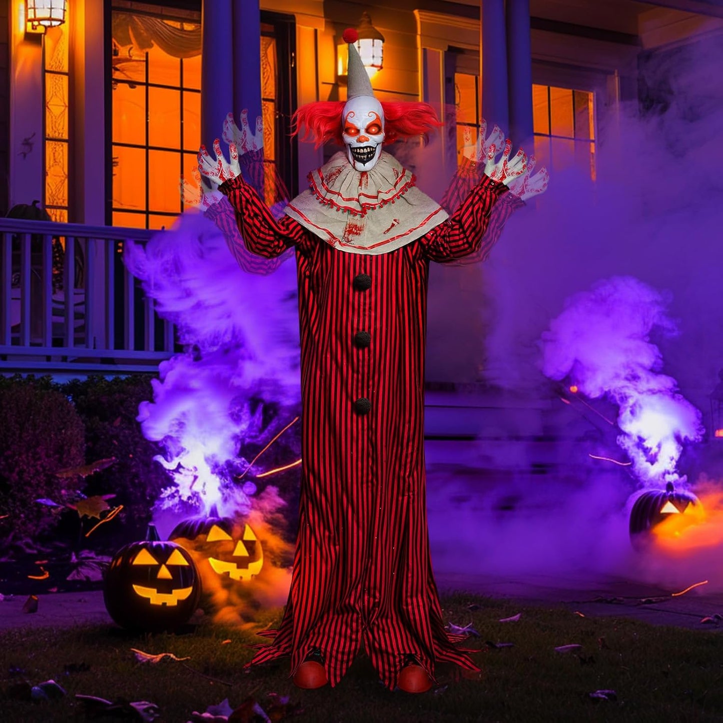 72" Halloween Decorations Outdoor - Standing Animatronic Clown with Red Light up Eyes, Motion and Sound Activated Moving Arms and Head, Scary Clown Halloween Yard Patio House Decor