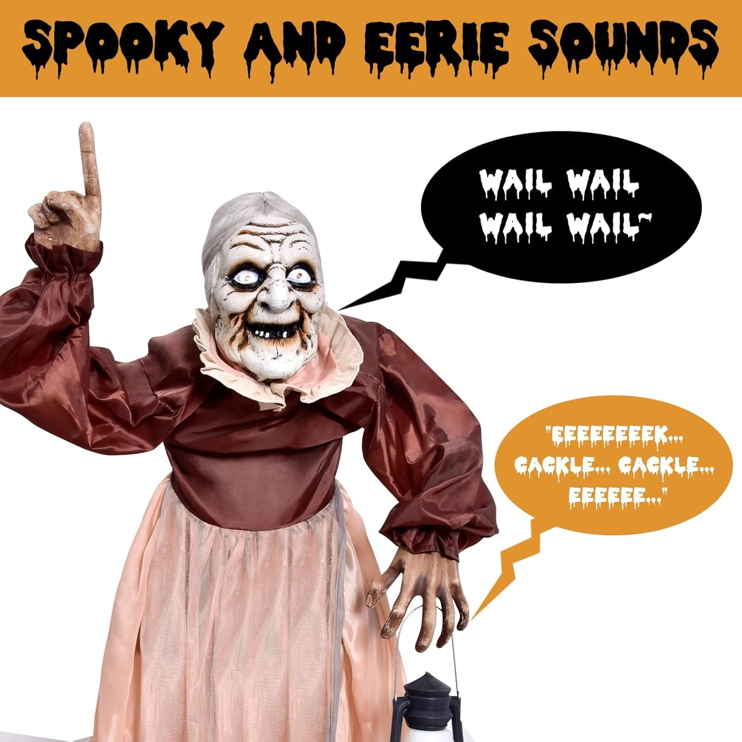 5FT Halloween Animatronics Life Size Witch Scary Prop, Motion Activated Outdoor Decoration, with Creepy Light up Eyes and Moving Arms, for Haunted House Party Lawn Patio Yard Decor