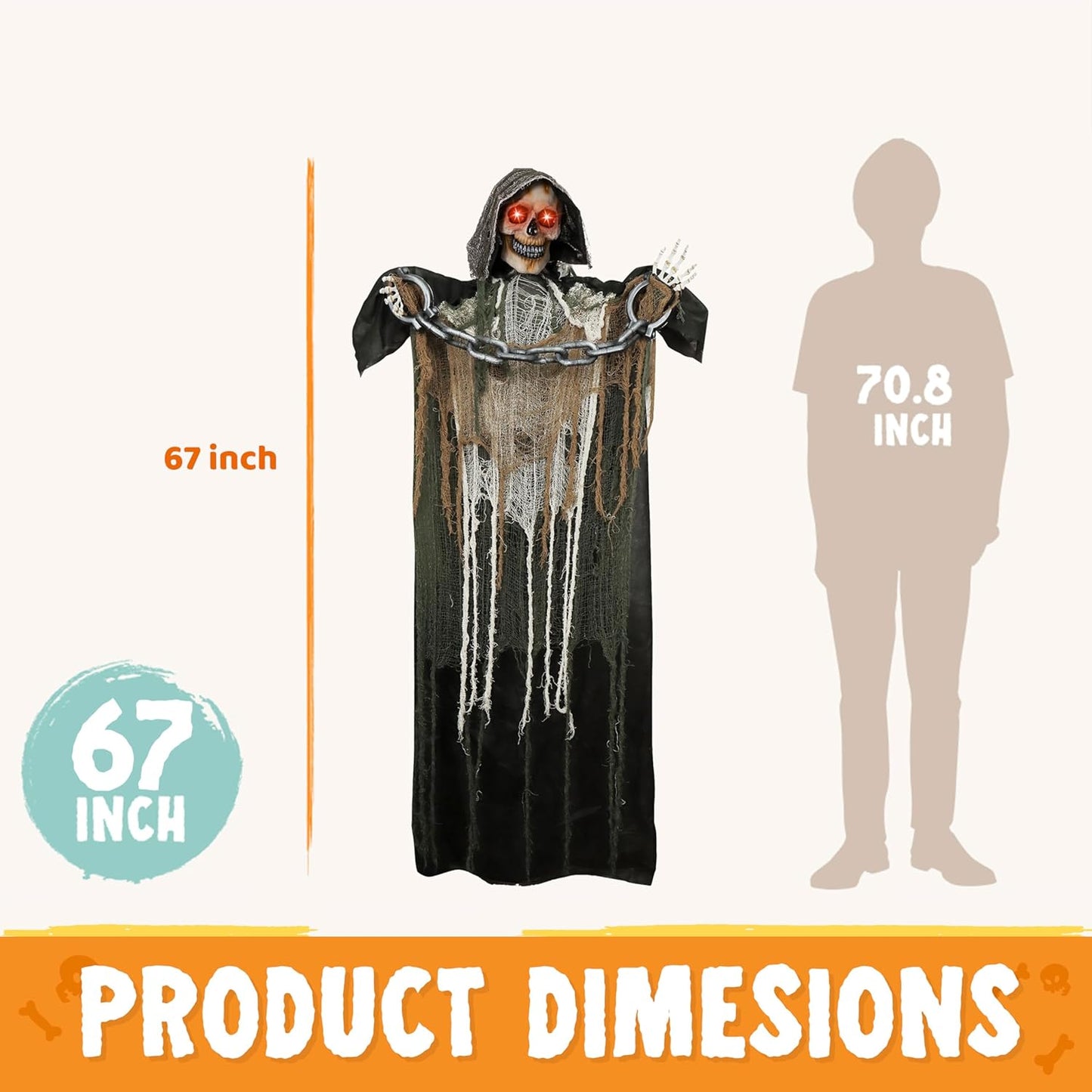 67" Halloween Decorations Outdoor Life Size Animatronics Grim Reaper with Chain, Sound-Actived Party Decor with Creepy Sound, Scary Haunted House Props for Garden Yard Lawn