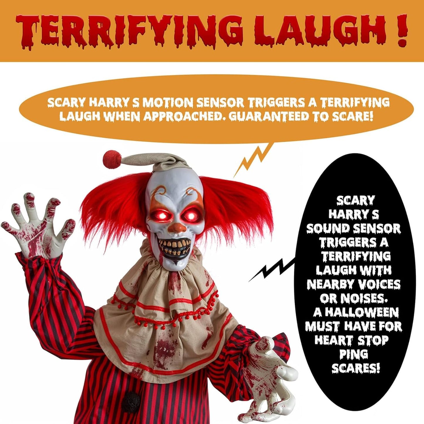 72" Halloween Decorations Outdoor - Standing Animatronic Clown with Red Light up Eyes, Motion and Sound Activated Moving Arms and Head, Scary Clown Halloween Yard Patio House Decor