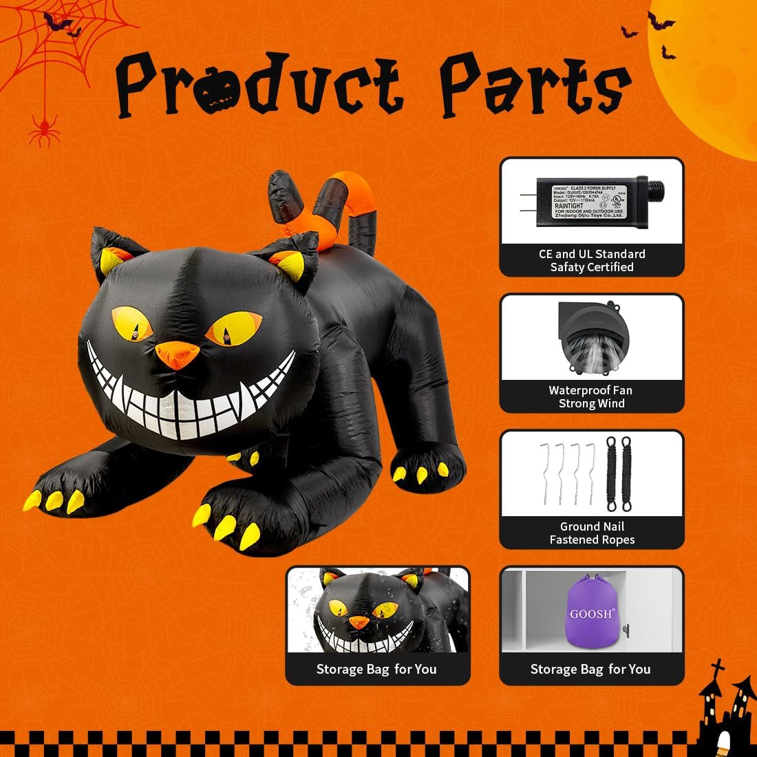 6 FT Halloween Inflatables Outdoor Black Cat with Shakable Head, Blow up Yard Decoration with LED Lights Built-In for Holiday/Party/Yard/Garden
