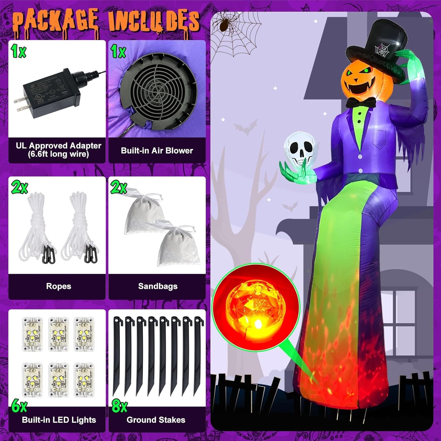 10FT Giant Halloween Inflatables, Scary Sitting Inflatable Pumpkin Decorations Outdoor with Flame Light, Halloween Blow up Yard Decorations for Roof Balcony Lawn Garden Yard Decor