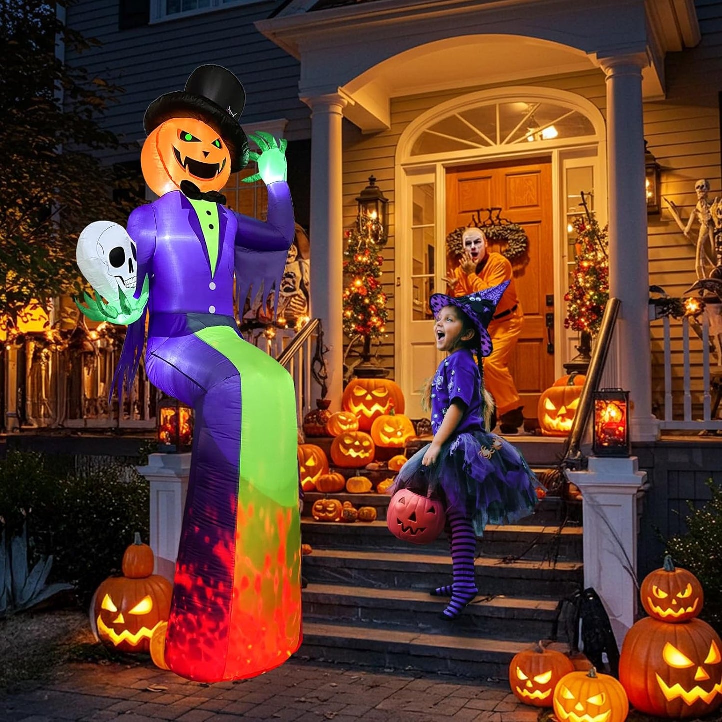 10FT Giant Halloween Inflatables, Scary Sitting Inflatable Pumpkin Decorations Outdoor with Flame Light, Halloween Blow up Yard Decorations for Roof Balcony Lawn Garden Yard Decor
