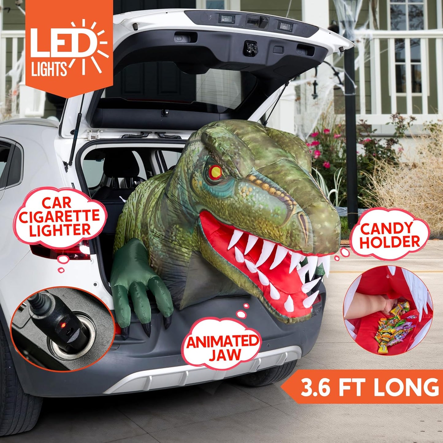 Animated Halloween Inflatable Outdoor Decorations, Trunk or Treat Car Decorations, Blow Ups Animated Dinosaur with Leds for Halloween Yard Decoration