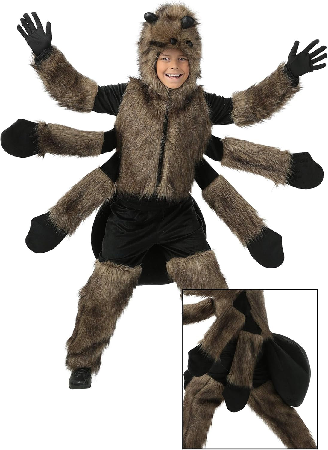 Kids Brown Furry Spider Costume Boys, Scary Eight Legs Arachnid Giant Tarantula Childrens Halloween