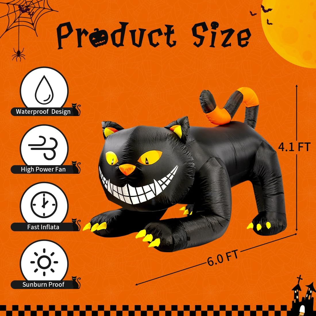 6 FT Halloween Inflatables Outdoor Black Cat with Shakable Head, Blow up Yard Decoration with LED Lights Built-In for Holiday/Party/Yard/Garden