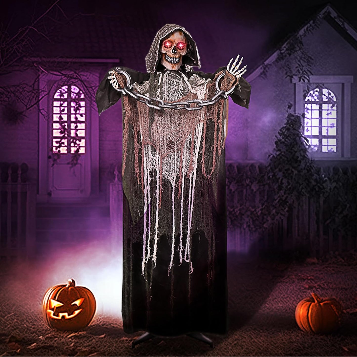 67" Halloween Decorations Outdoor Life Size Animatronics Grim Reaper with Chain, Sound-Actived Party Decor with Creepy Sound, Scary Haunted House Props for Garden Yard Lawn