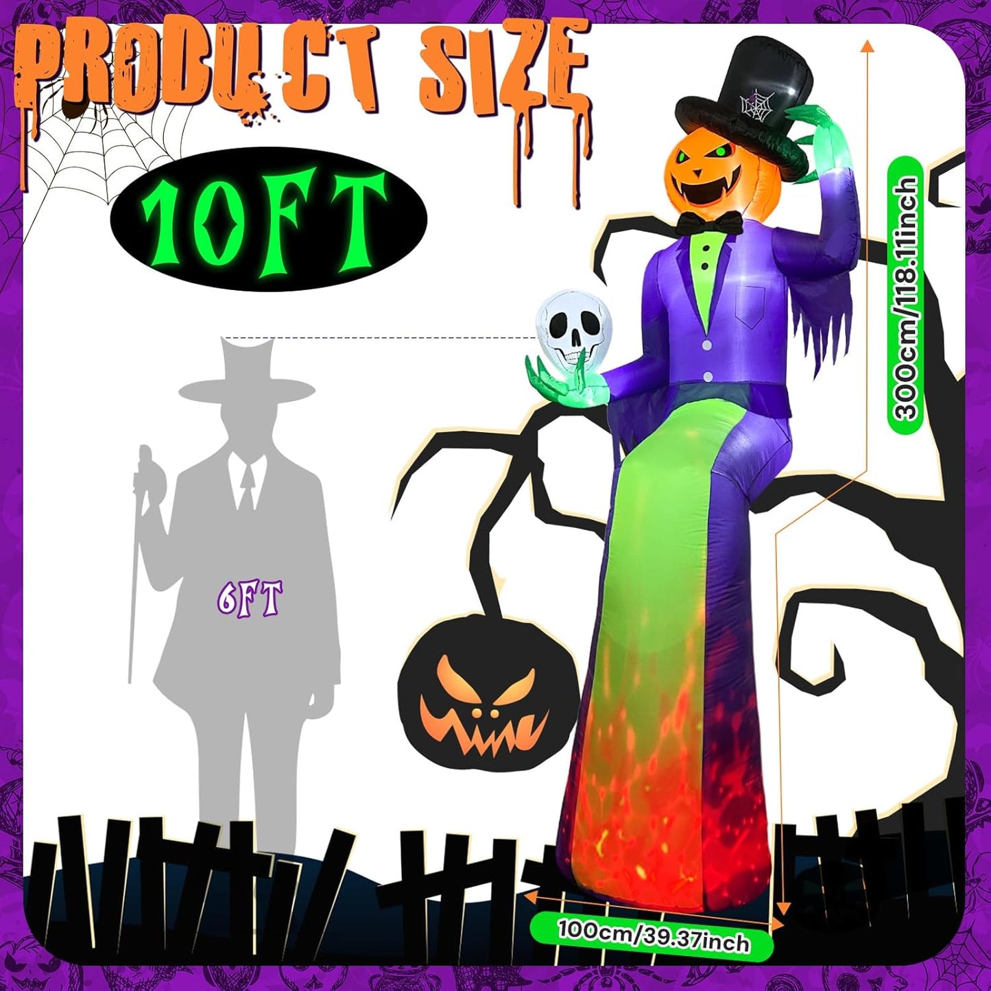 10FT Giant Halloween Inflatables, Scary Sitting Inflatable Pumpkin Decorations Outdoor with Flame Light, Halloween Blow up Yard Decorations for Roof Balcony Lawn Garden Yard Decor