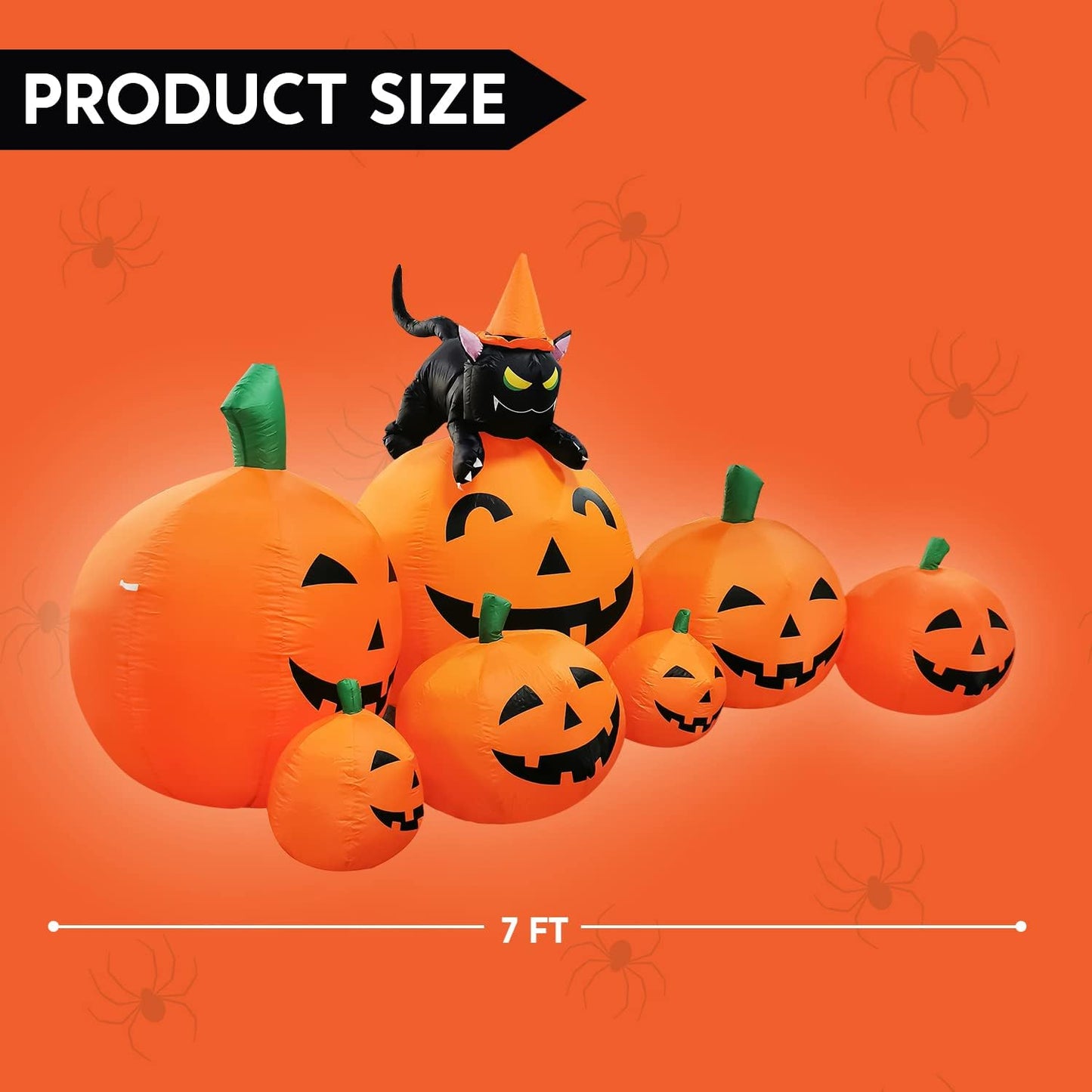 7 FT Long Halloween Inflatables Pumpkin Outdoor Decorations, 7 Pumpkins outside Decoration with Witch'S Cat with Build-In Leds Blow up Inflatables for Party Yard Lawn Garden Decor
