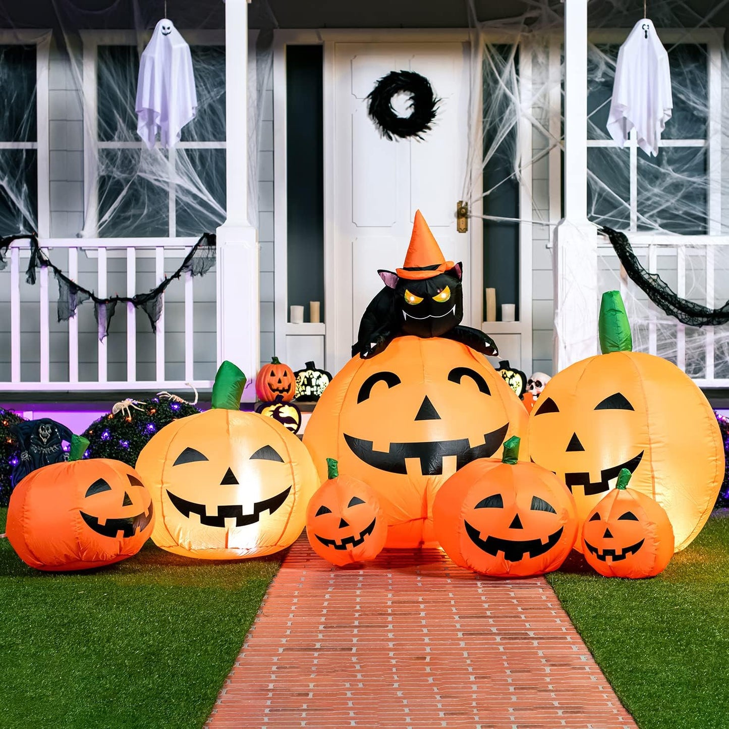 7 FT Long Halloween Inflatables Pumpkin Outdoor Decorations, 7 Pumpkins outside Decoration with Witch'S Cat with Build-In Leds Blow up Inflatables for Party Yard Lawn Garden Decor
