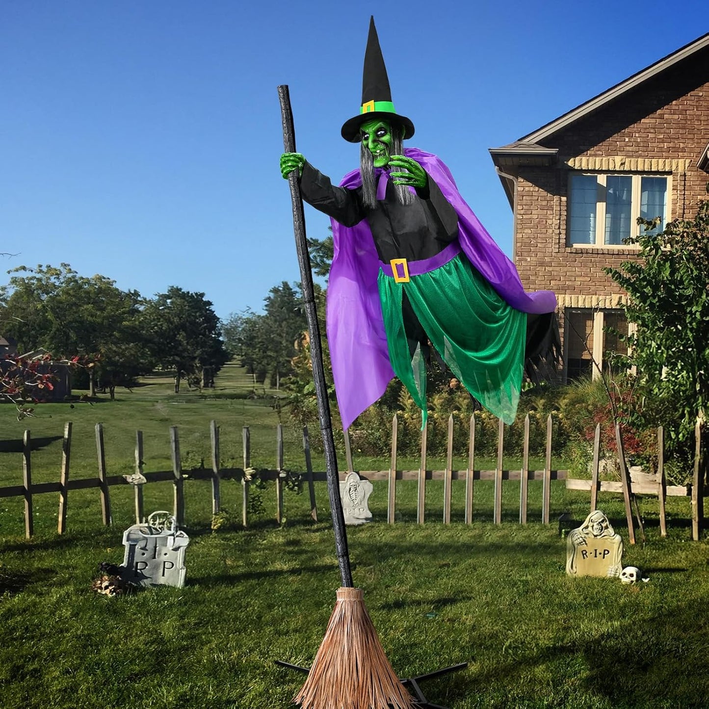Halloween Decorations Outdoor - 12 Ft Animated Hovering Witch Animatronics Prop with Sound & Touch Activated Sensor - Spooky Scary Decor for Home outside Garden Yard Lawn