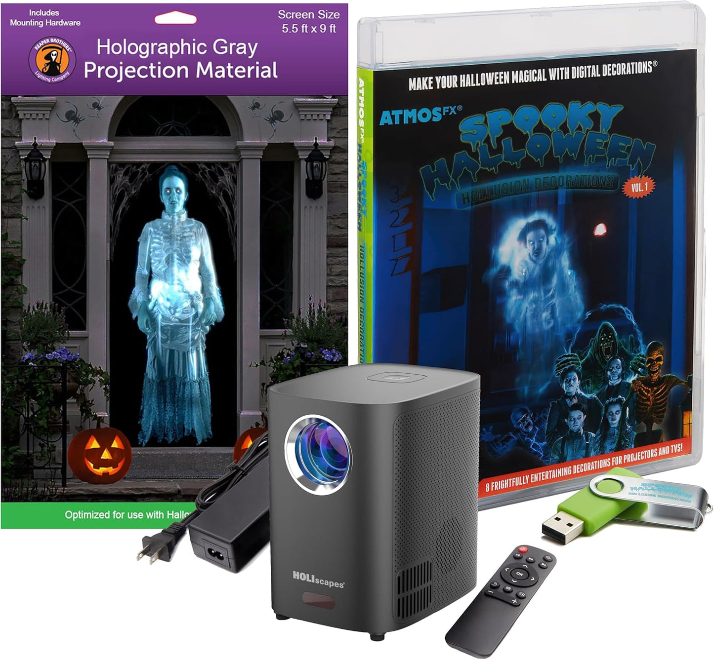 Reaper Brothers Spooky Halloween Hollusion Digital Decoration Kit Includes 8 Atmosfx Video Effects for Halloween plus HD Super Bright Projector and 5.5' X 9' Holographic Projection Screen