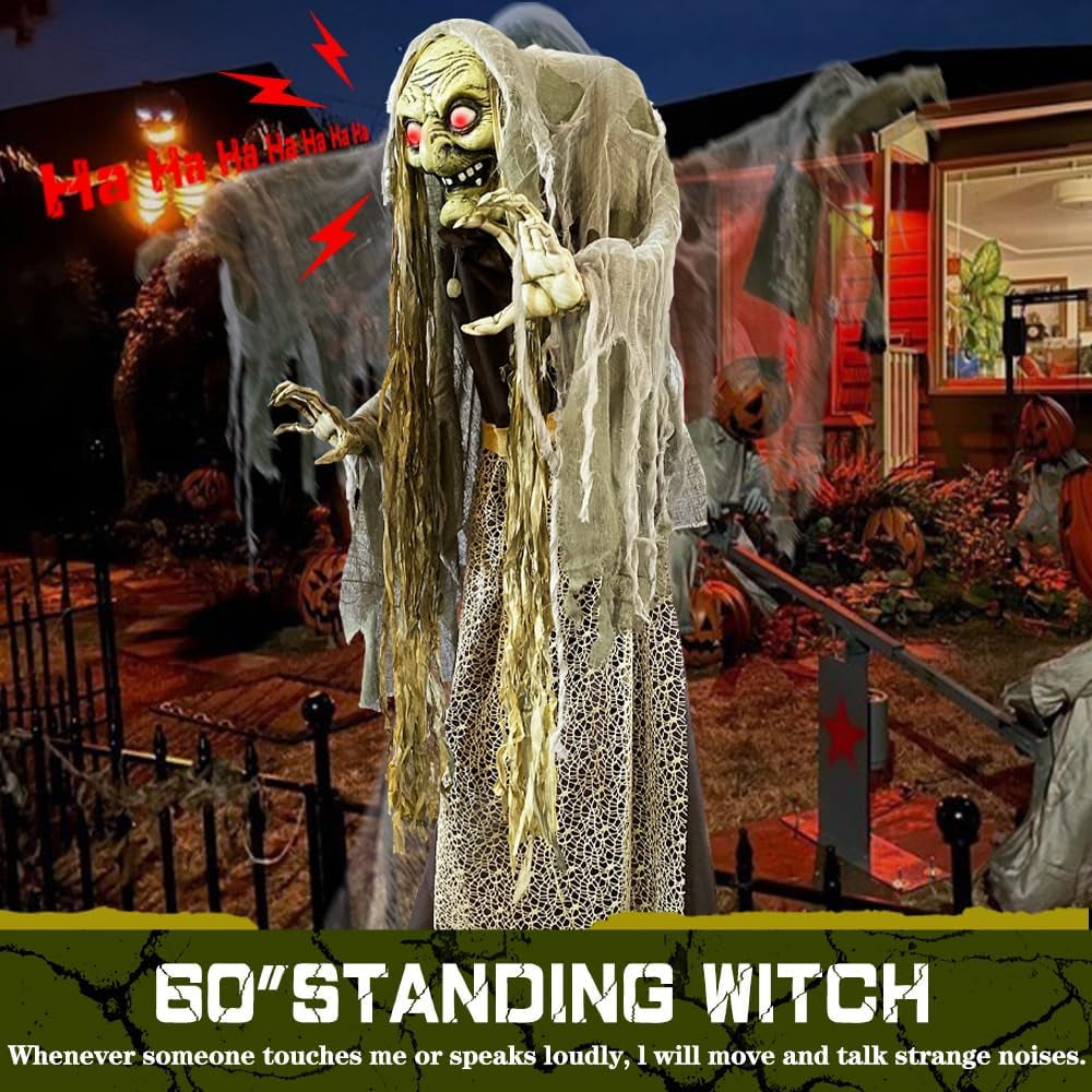 60'' Halloween Animatronics Standing Witch Talking Halloween Decorations Outdoor- Sound Activated with Creepy Motion, Light up Eyes, Haunted House Scary Horror Prop, Yard Lawn Decor