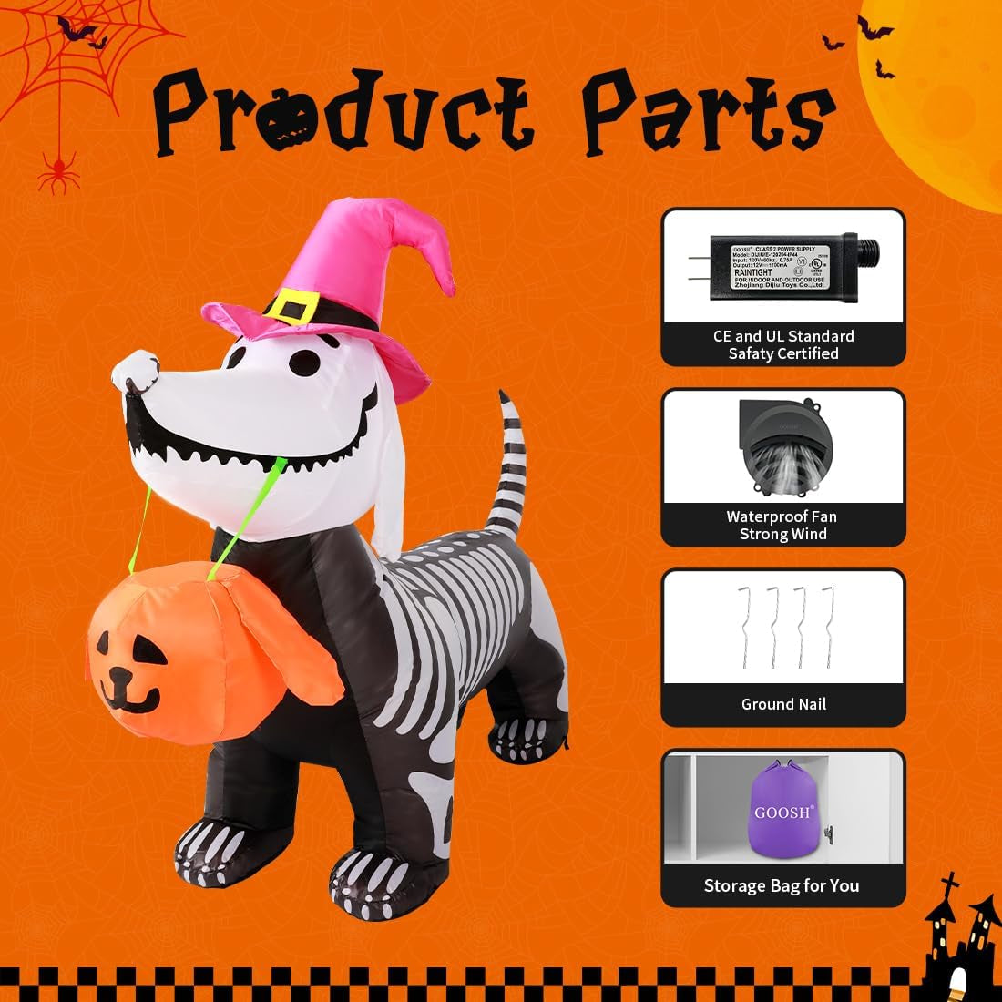 5.5 FT Halloween Inflatables Outdoor Decorations Skeleton Puppy Inflatable Yard Decoration with Build-In Leds Blow up Pumpkin for Halloween Party Indoor Outdoor Yard Garden