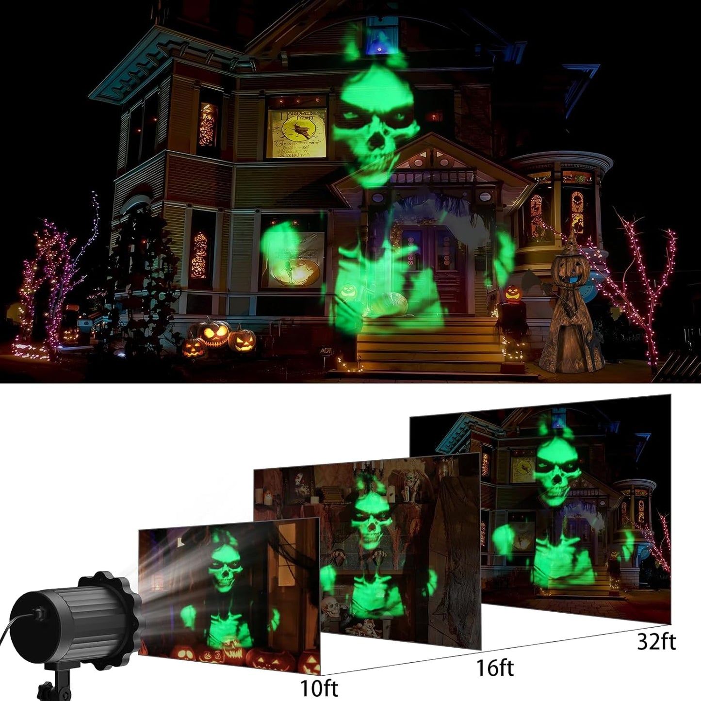 Halloween Projector Lights Outdoor,2025 Upgraded 3D Dynamic Skull Ghost Decorations Light,Clearer Skull HD Patterns,Night Light for Home Window Wall Halloween Decor