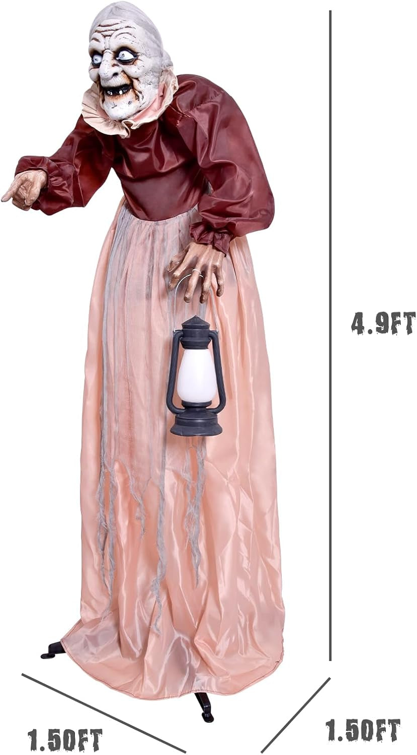 5FT Halloween Animatronics Life Size Witch Scary Prop, Motion Activated Outdoor Decoration, with Creepy Light up Eyes and Moving Arms, for Haunted House Party Lawn Patio Yard Decor