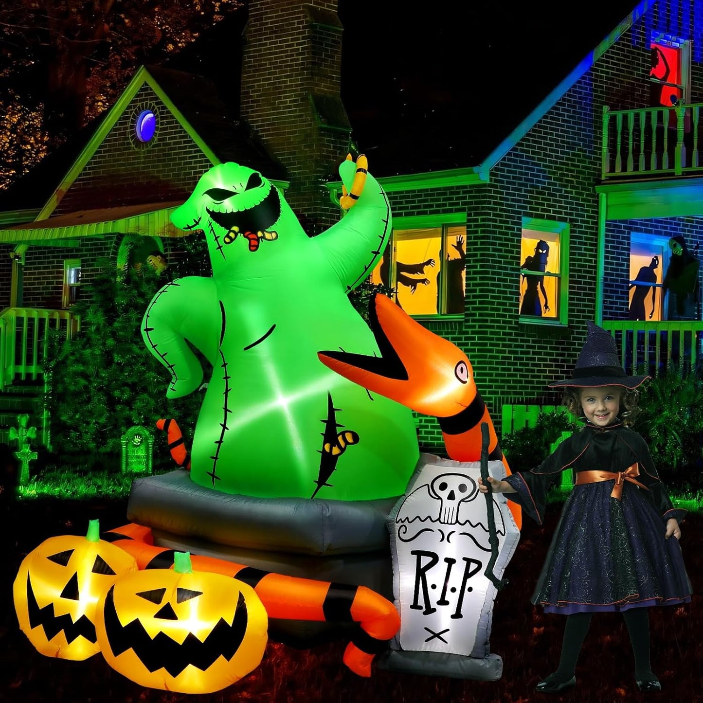 6Ft Halloween Inflatable Outdoor Decoration,Halloween Blow up Green Monster with Snake Pumpkins and Tombstone Yard Decorations,Built-In LED Lights - for Outdoor Lawn Decoration