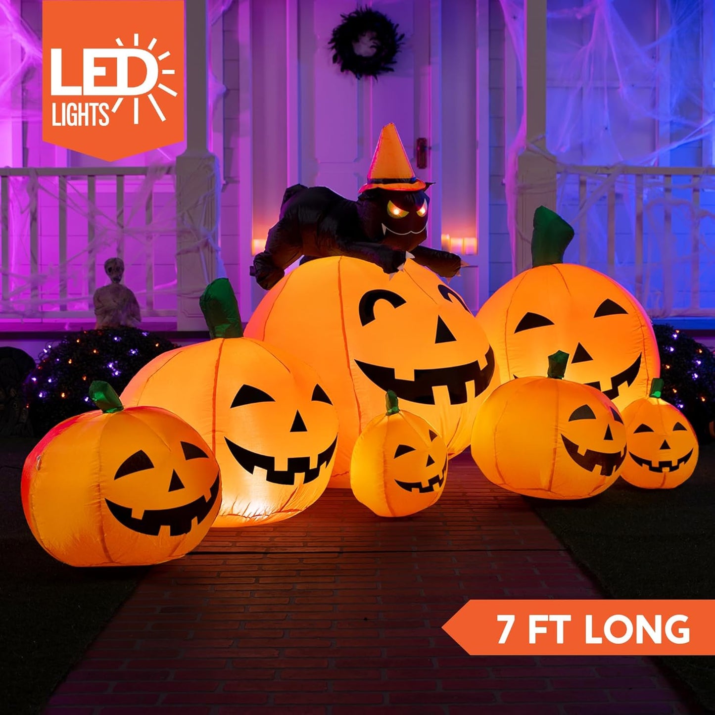 7 FT Long Halloween Inflatables Pumpkin Outdoor Decorations, 7 Pumpkins outside Decoration with Witch'S Cat with Build-In Leds Blow up Inflatables for Party Yard Lawn Garden Decor