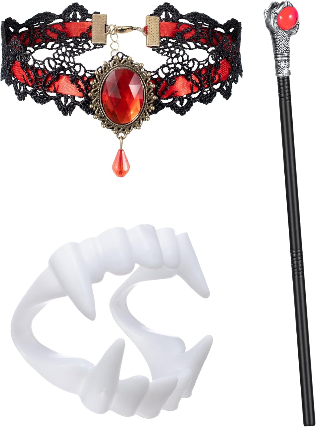 Vampire Costume Set for Girls Halloween Dress up with Vampires Props (Fangs, Wand, Choker) 3-12 Years
