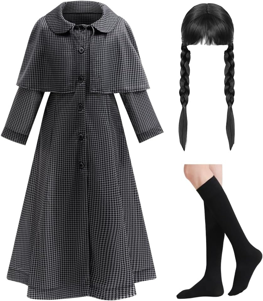 Girl Grey Costume Striped Long Coat Kid Cosplay Dress Halloween Character Party with Wig and Socks Set