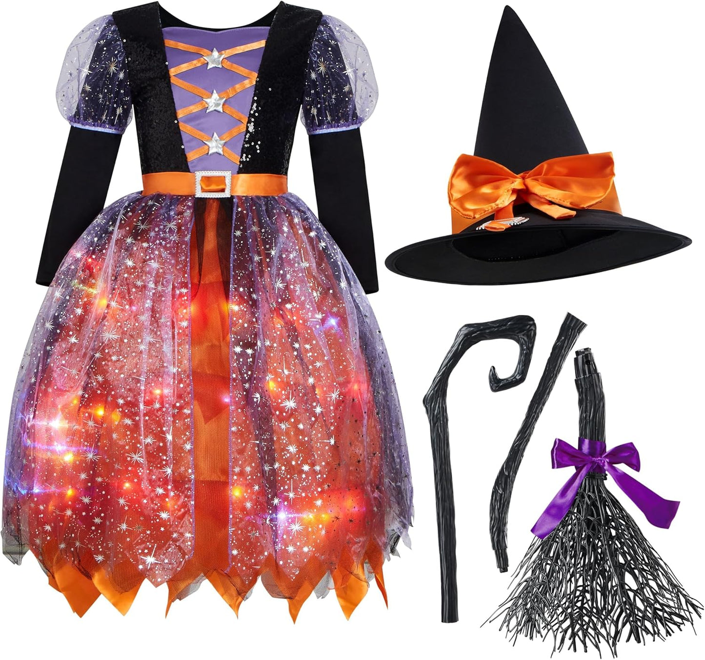 Witch Costume Kids, Light up Halloween Costumes Witch Dress with Hat and Broom for Girls, Sweet Wizard Set for Toddler Scary Halloween Themed Parties, Orange, L