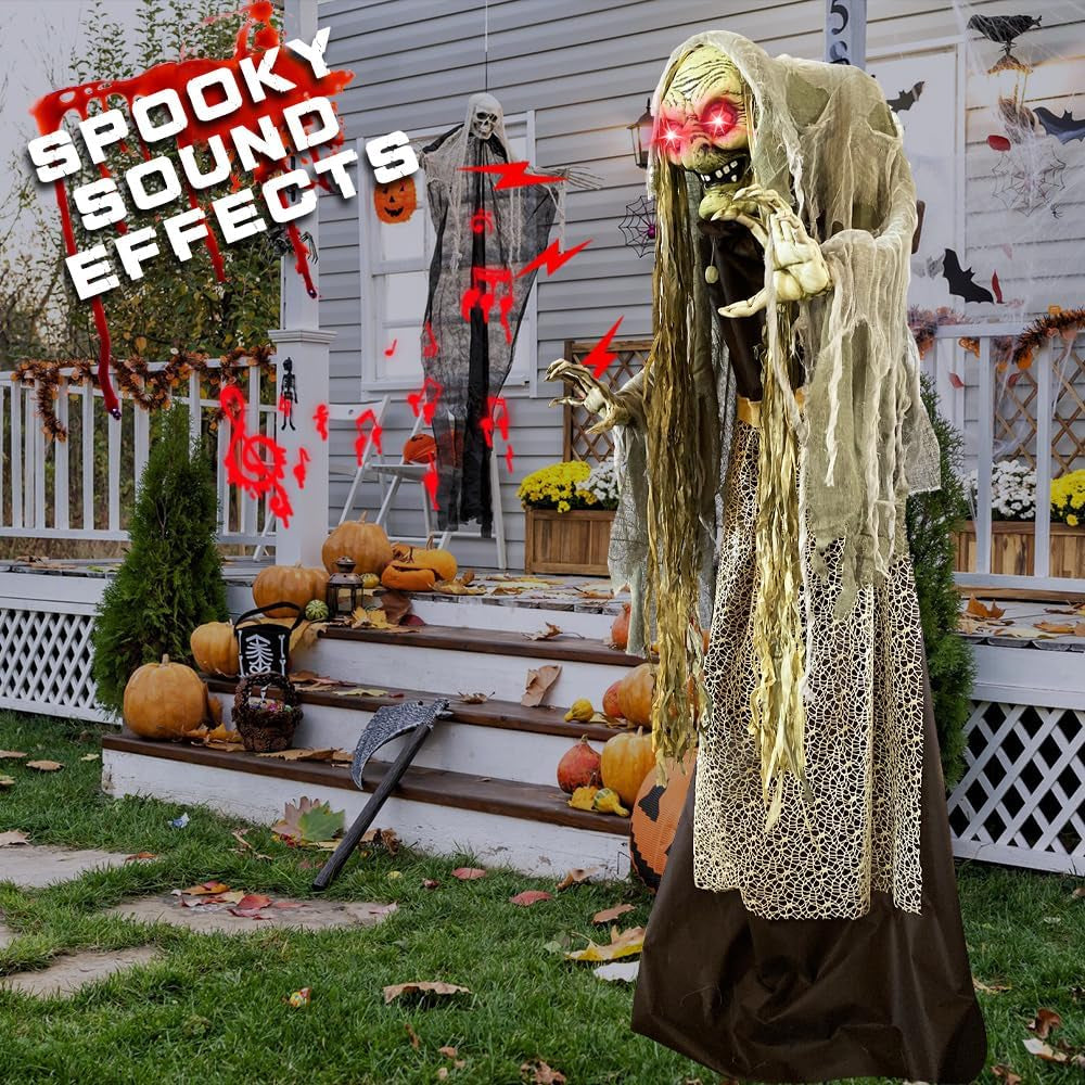 60'' Halloween Animatronics Standing Witch Talking Halloween Decorations Outdoor- Sound Activated with Creepy Motion, Light up Eyes, Haunted House Scary Horror Prop, Yard Lawn Decor