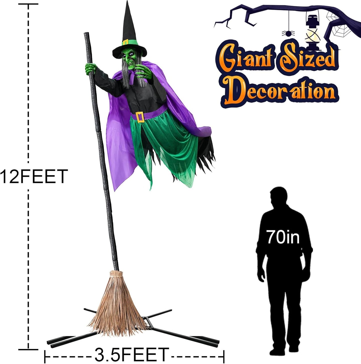 Halloween Decorations Outdoor - 12 Ft Animated Hovering Witch Animatronics Prop with Sound & Touch Activated Sensor - Spooky Scary Decor for Home outside Garden Yard Lawn