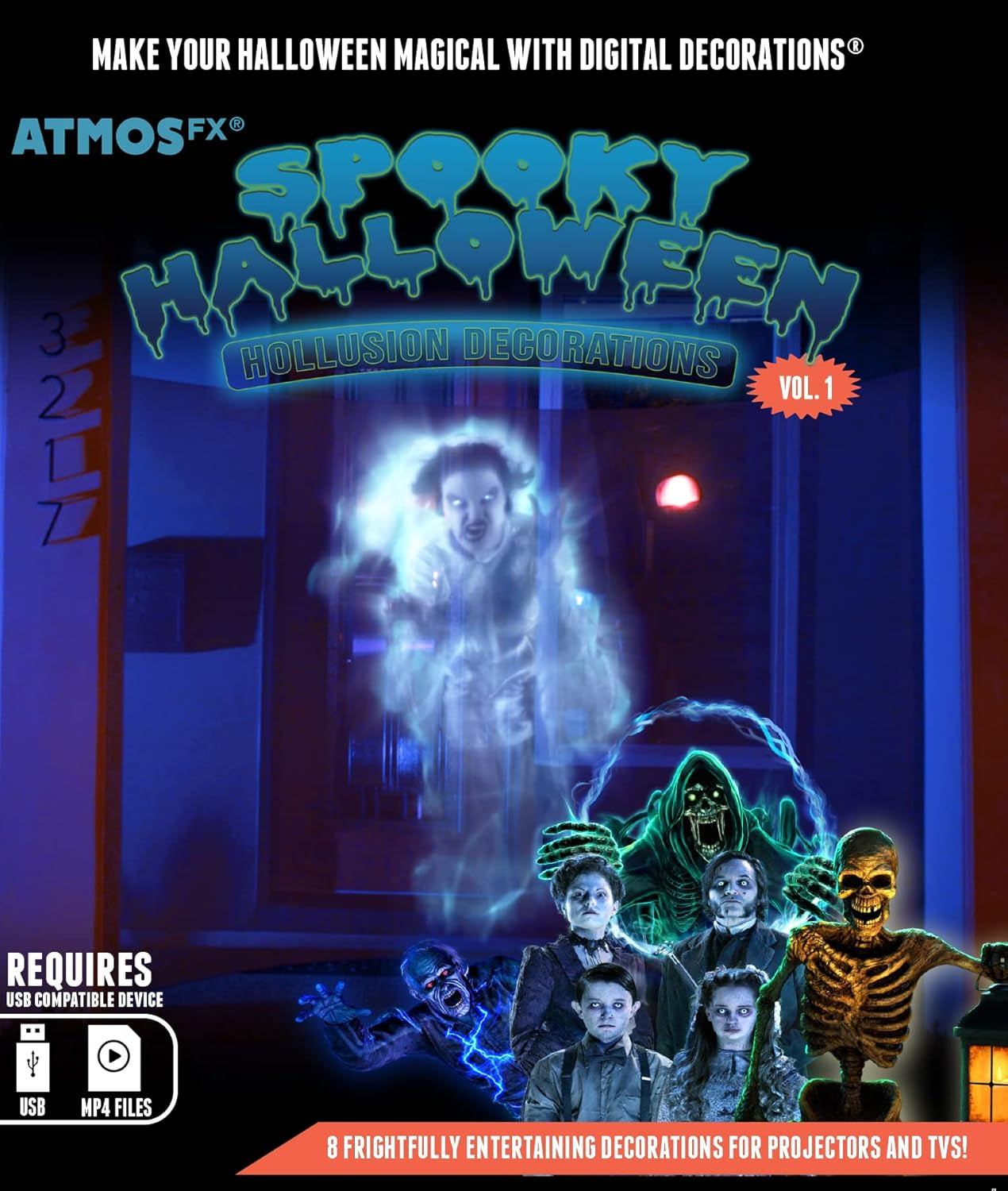 Reaper Brothers Spooky Halloween Hollusion Digital Decoration Kit Includes 8 Atmosfx Video Effects for Halloween plus HD Super Bright Projector and 5.5' X 9' Holographic Projection Screen