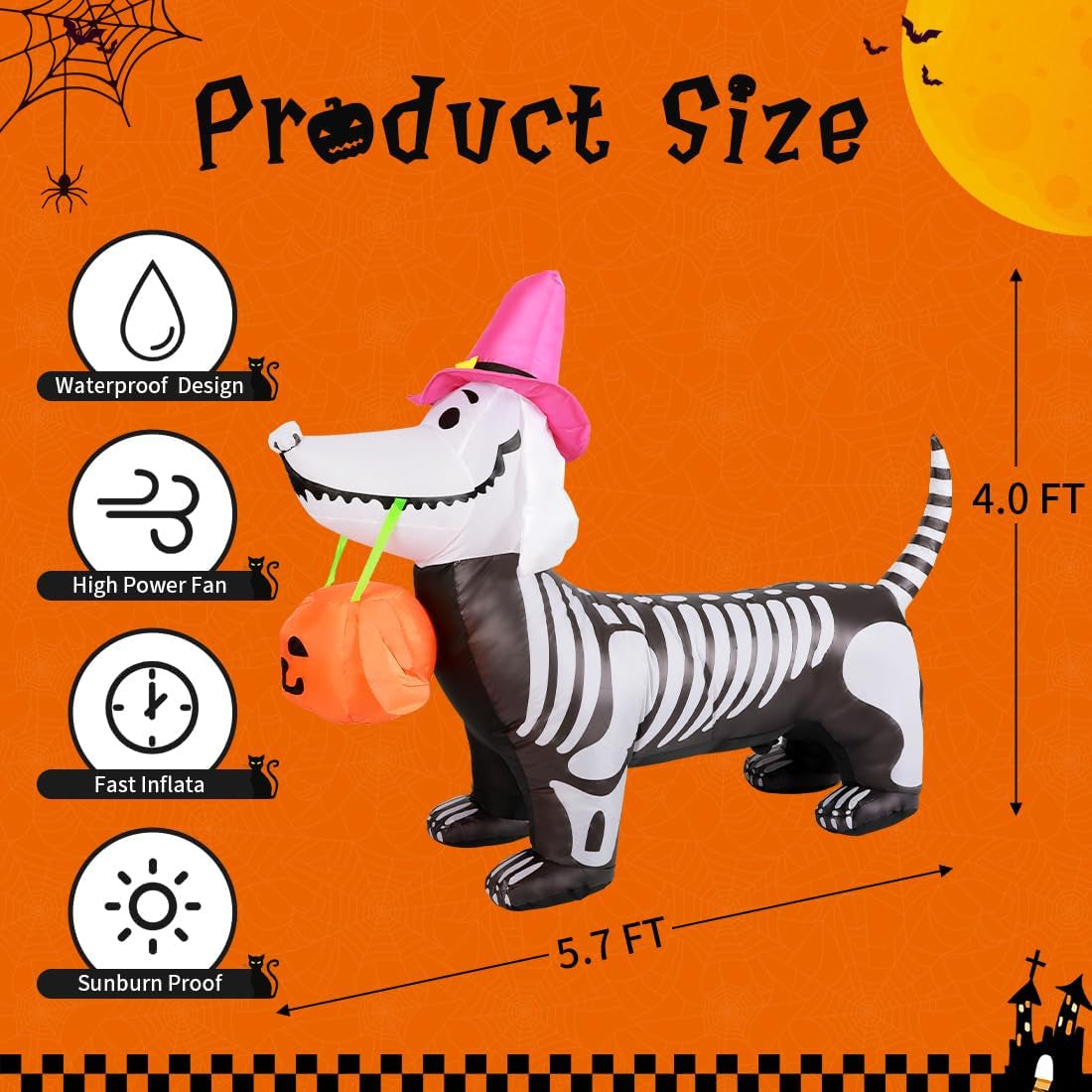 5.5 FT Halloween Inflatables Outdoor Decorations Skeleton Puppy Inflatable Yard Decoration with Build-In Leds Blow up Pumpkin for Halloween Party Indoor Outdoor Yard Garden