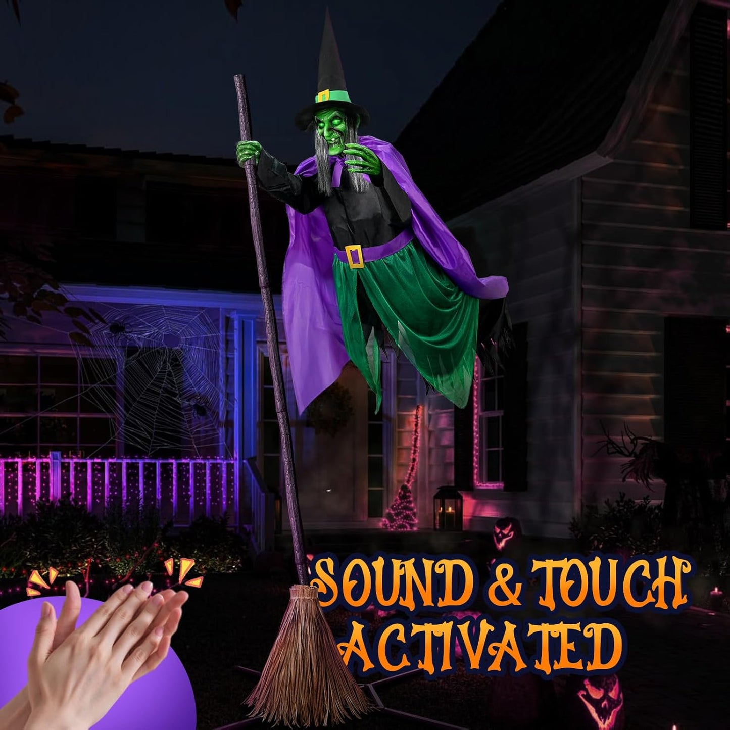 Halloween Decorations Outdoor - 12 Ft Animated Hovering Witch Animatronics Prop with Sound & Touch Activated Sensor - Spooky Scary Decor for Home outside Garden Yard Lawn