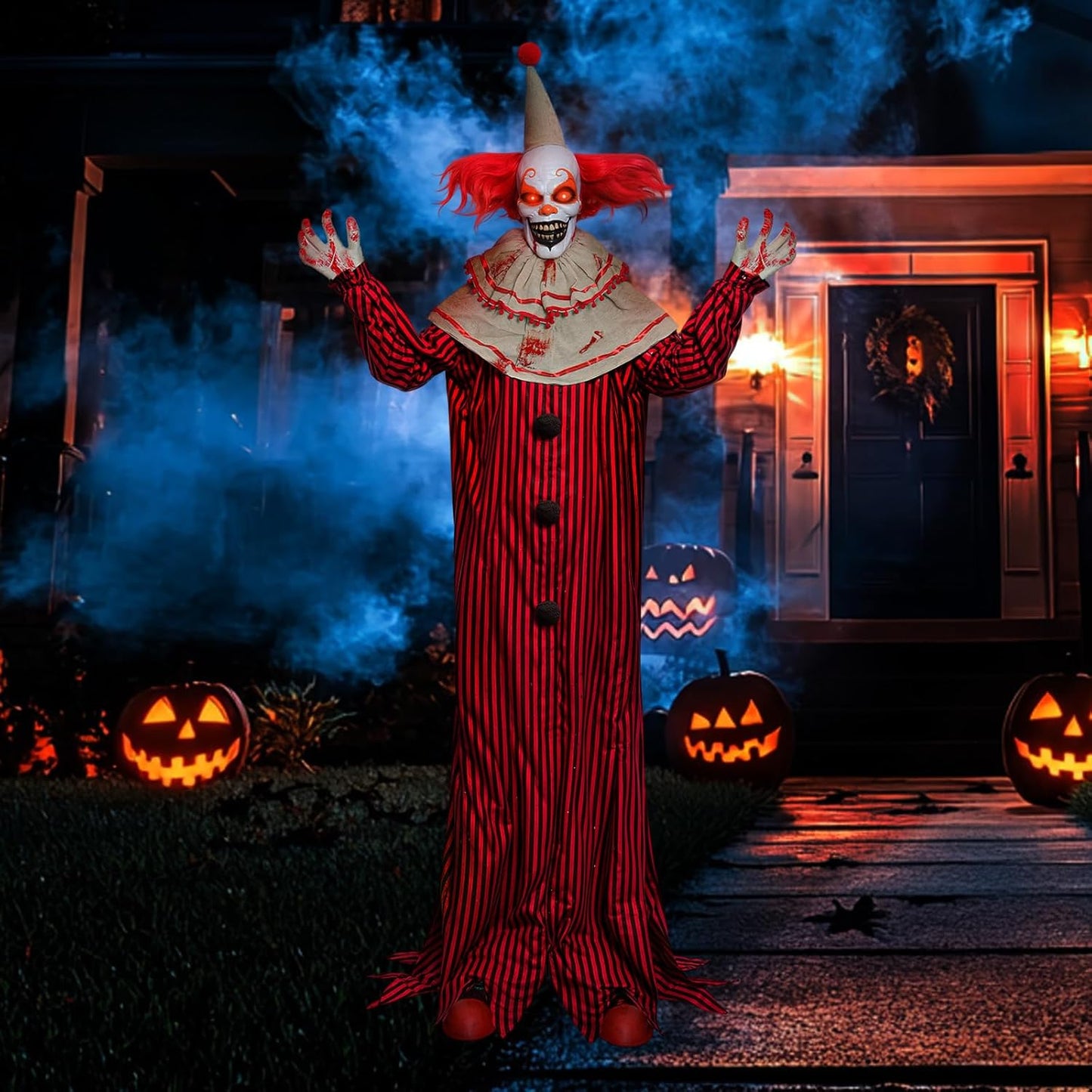 72" Halloween Decorations Outdoor - Standing Animatronic Clown with Red Light up Eyes, Motion and Sound Activated Moving Arms and Head, Scary Clown Halloween Yard Patio House Decor