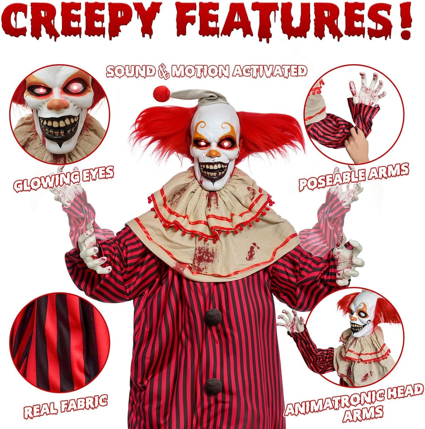 72" Halloween Decorations Outdoor - Standing Animatronic Clown with Red Light up Eyes, Motion and Sound Activated Moving Arms and Head, Scary Clown Halloween Yard Patio House Decor